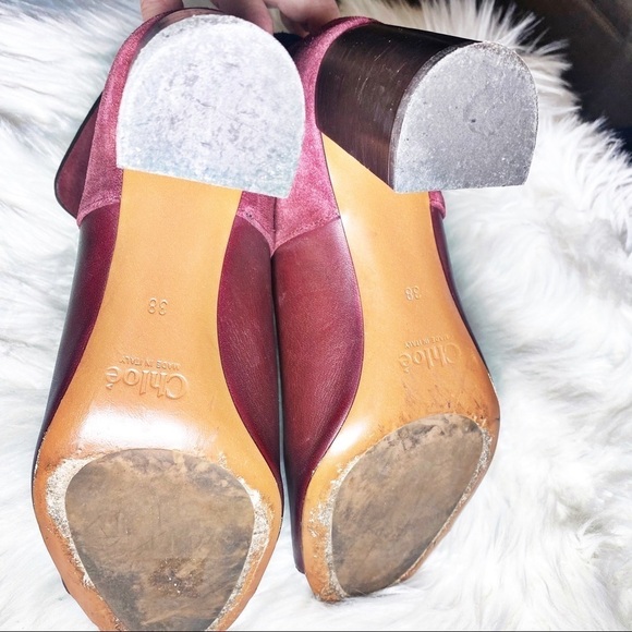 CHLOÉ Burgundy Red Suede Foldover Chunky Heel Booties, Size 38 - Picture 9 of 14